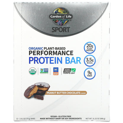 Garden of Life, Sport, Organic Plant-Based Performance Protein Bar, Peanut Butter Chocolate, 12 Bars, 2.61 oz (74 g) Each