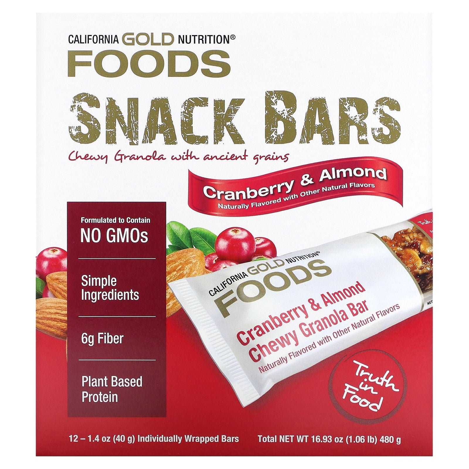 California Gold Nutrition, Foods, Cranberry & Almond Chewy Granola Bars, 12 Bars, 1.4 oz (40 g) Each