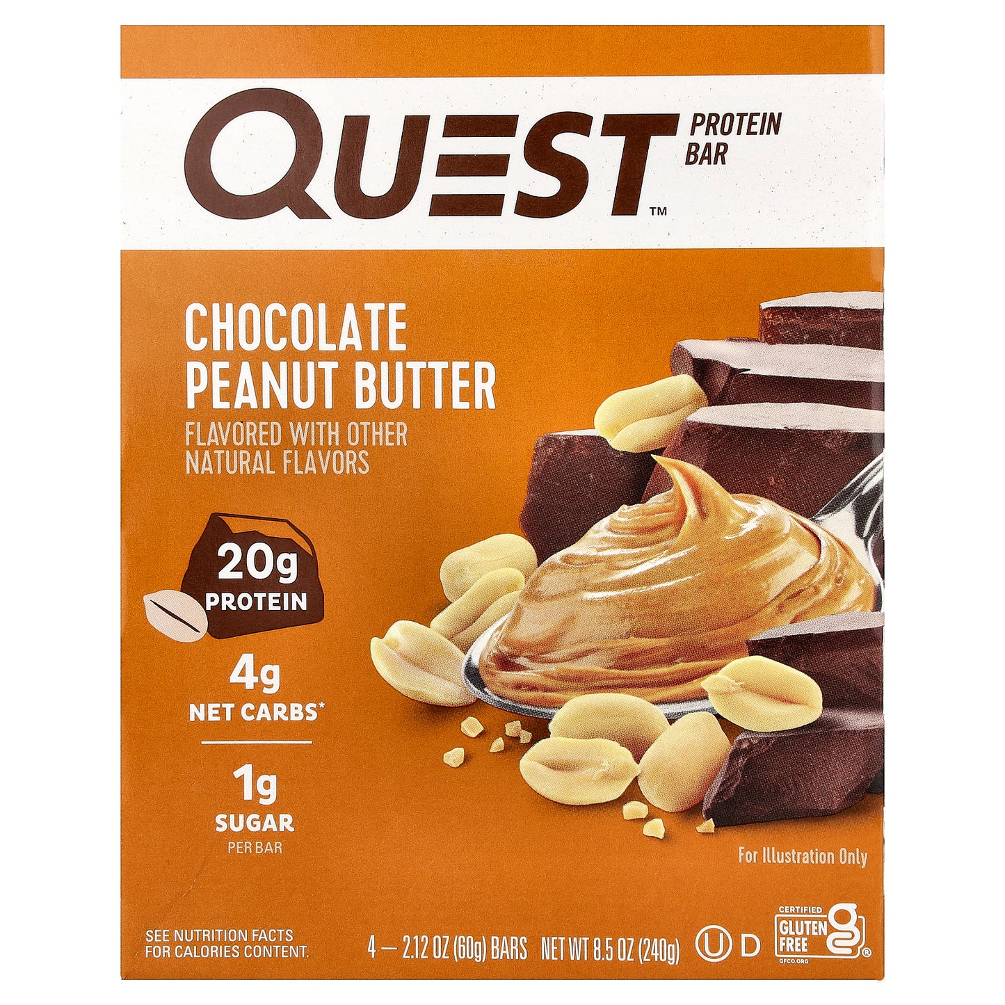 Quest Nutrition, Protein Bar, Chocolate Peanut Butter, 4 Bars, 2.12 oz (60 g) Each