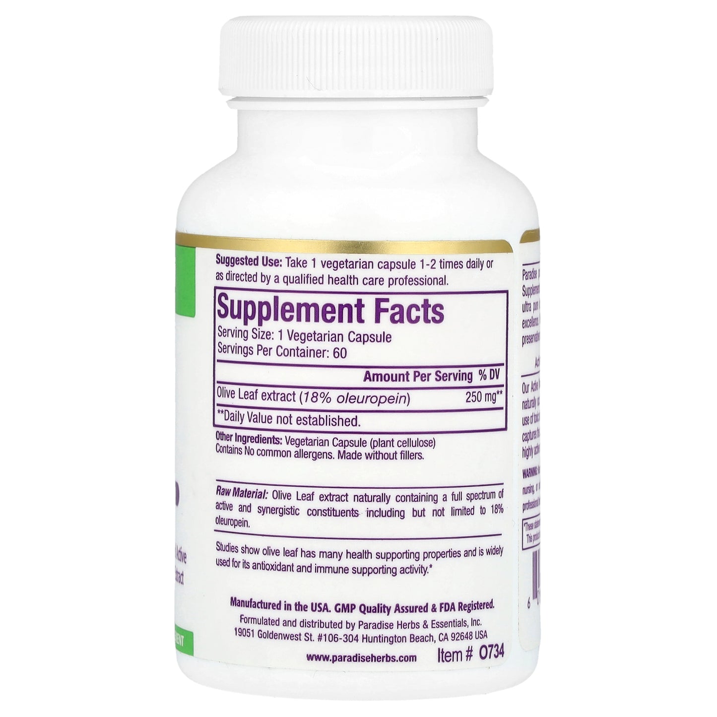 Paradise Herbs, Olive Leaf Extract, 60 Vegetarian Capsules (250 mg per Capsule)