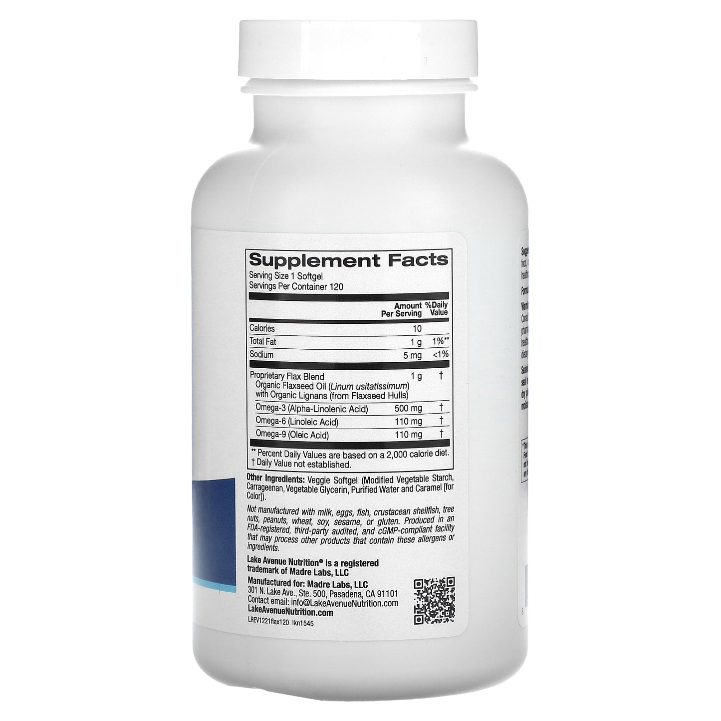 Lake Avenue Nutrition, Cold Pressed Flaxseed Oil with Lignans, 120 Veggie Softgels (1 g per Softgel)