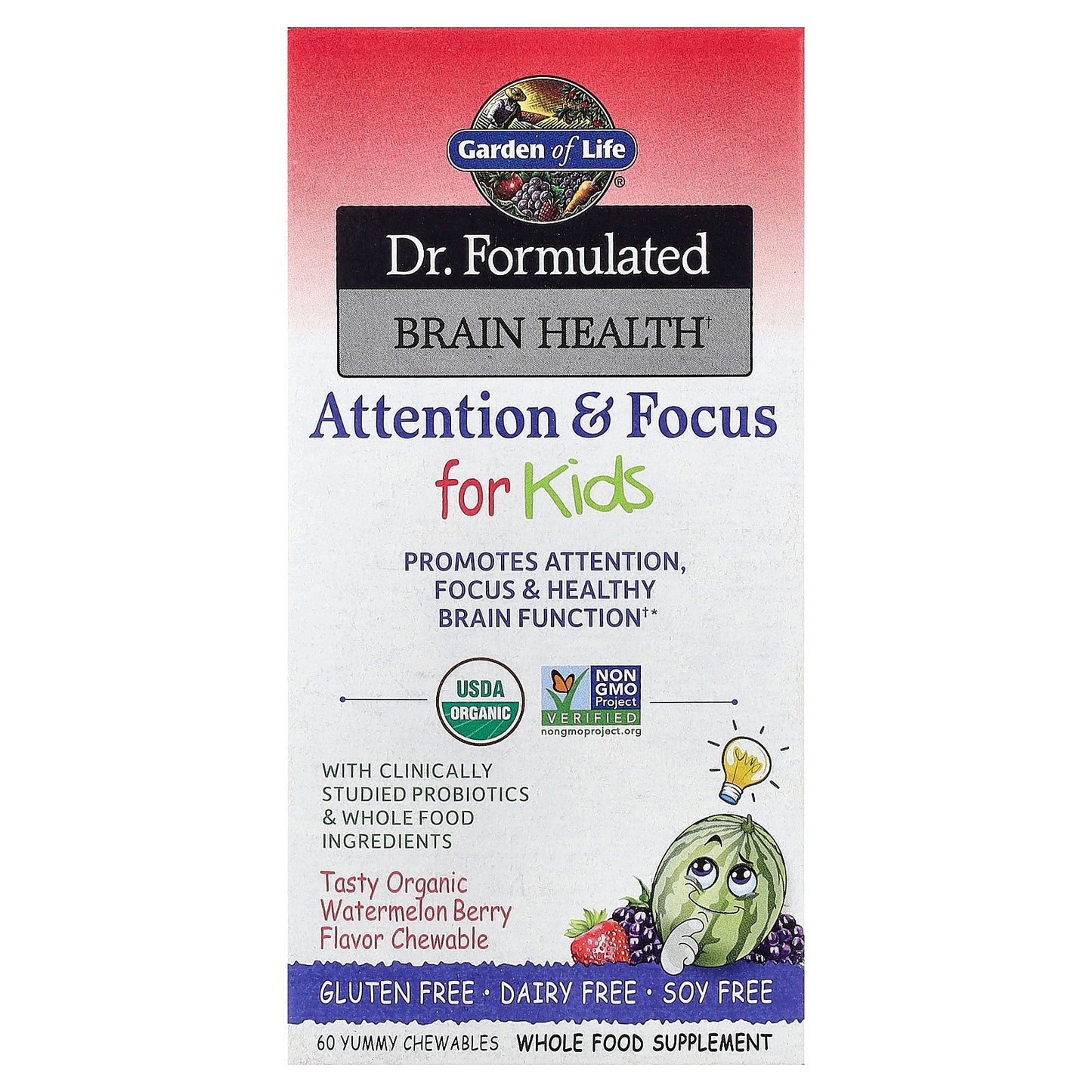 Garden of Life, Dr. Formulated Brain Health, Attention & Focus for Kids, Organic Watermelon Berry, 60 Yummy Chewables