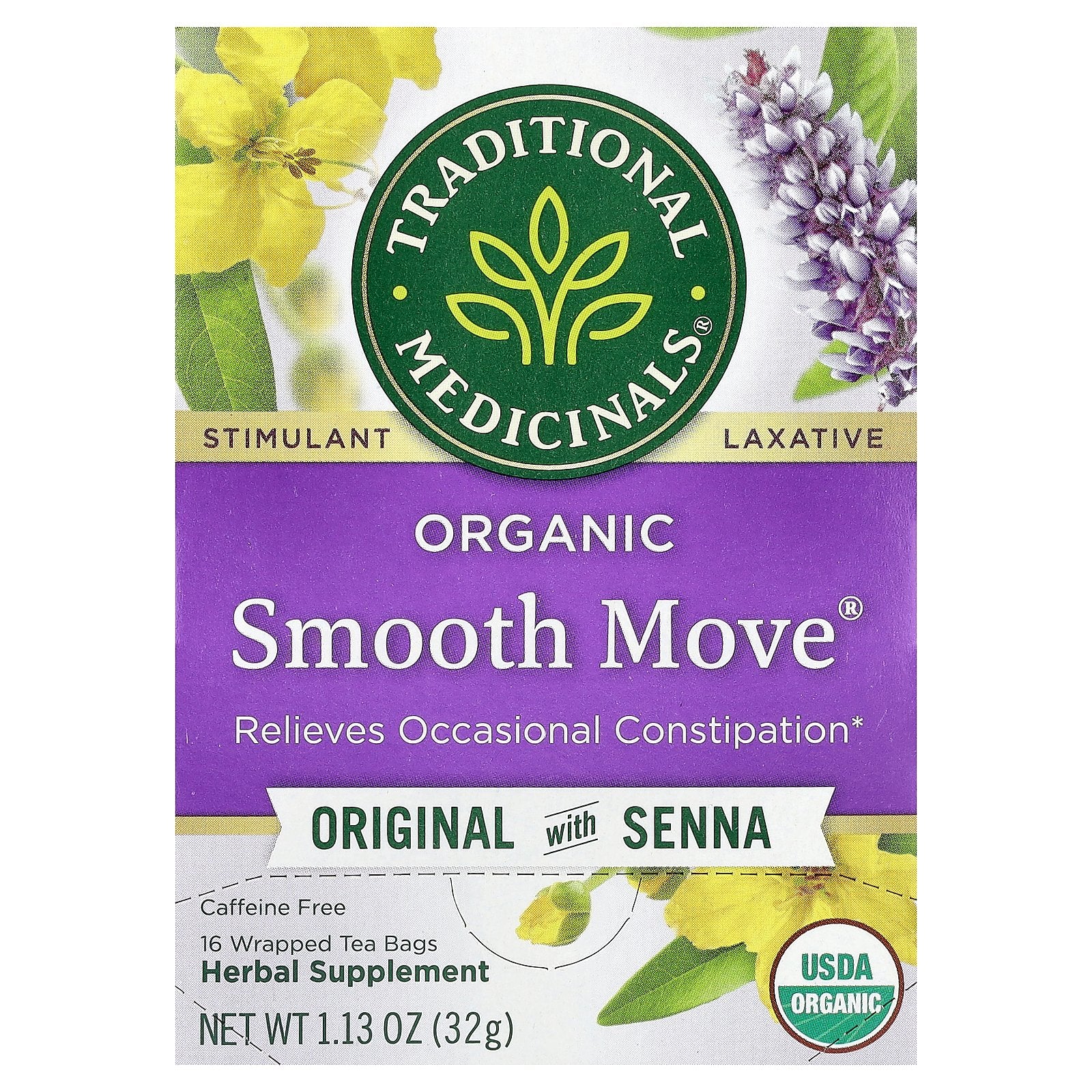 Traditional Medicinals, Organic Smooth Move®, Original with Senna, Caffeine Free, 16 Wrapped Tea Bags, 1.13 oz (32 g)