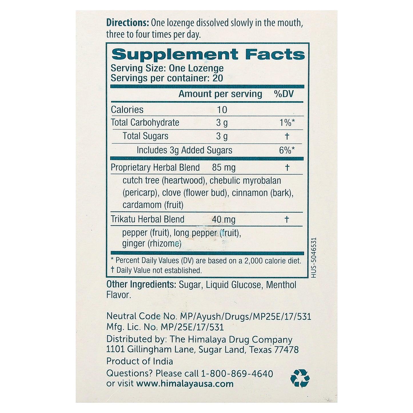 Himalaya, Koflet Lozenge®, Original, Menthol, 20 Lozenges