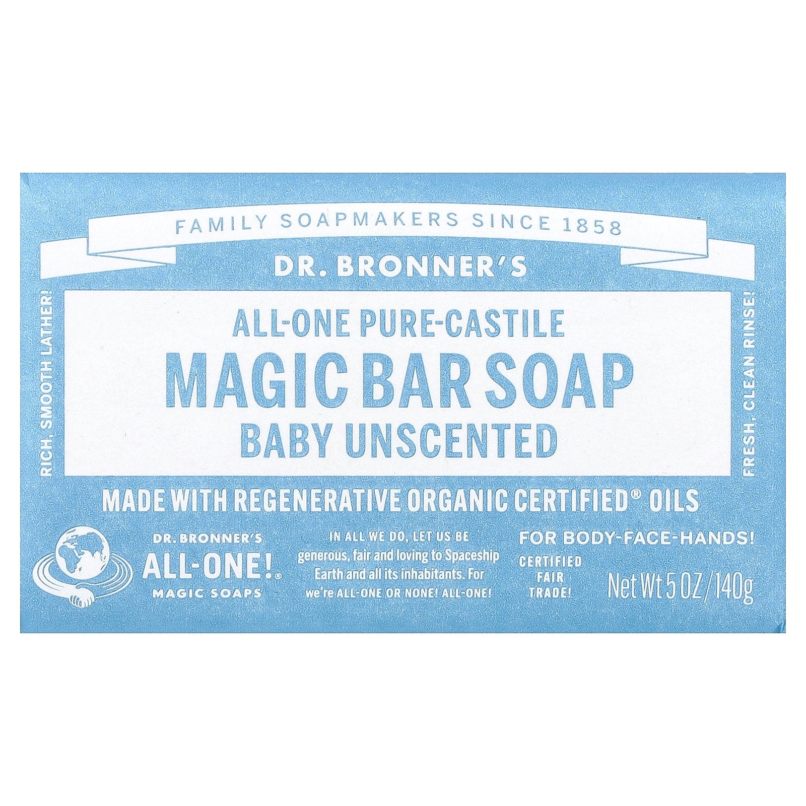 Dr. Bronner's, All-One Pure-Castile Magic Bar Soap, Baby Unscented, 5 oz (140 g)