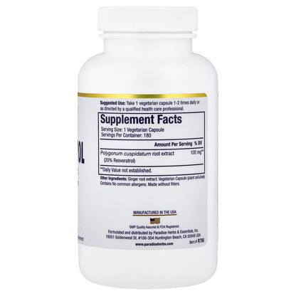 Paradise Herbs, Resveratrol Premium Extract, 180 Vegetarian Capsules (100 mg per Capsule)