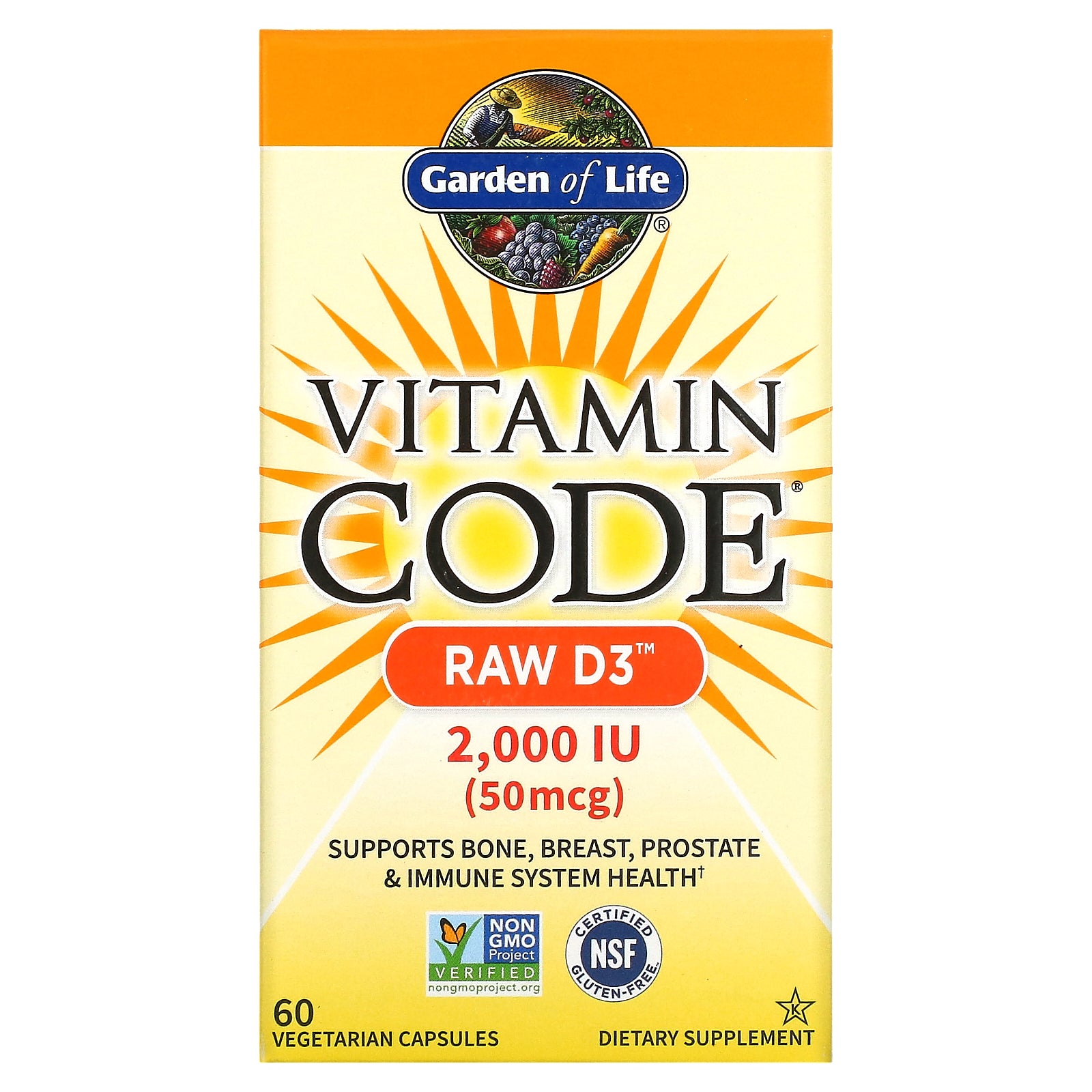 Garden of Life, Vitamin Code, RAW D3, 50 mcg (2,000 IU), 60 Vegetarian Capsules