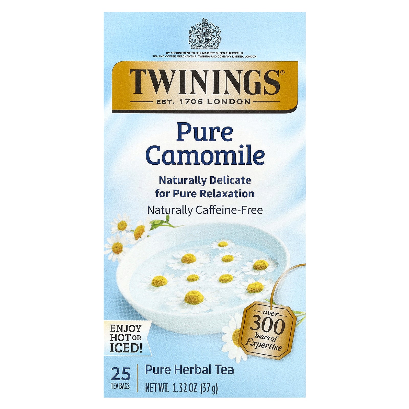 Twinings, Pure Herbal Tea, Pure Camomile, Caffeine-Free, 25 Tea Bags, 1.32 oz (37 g)
