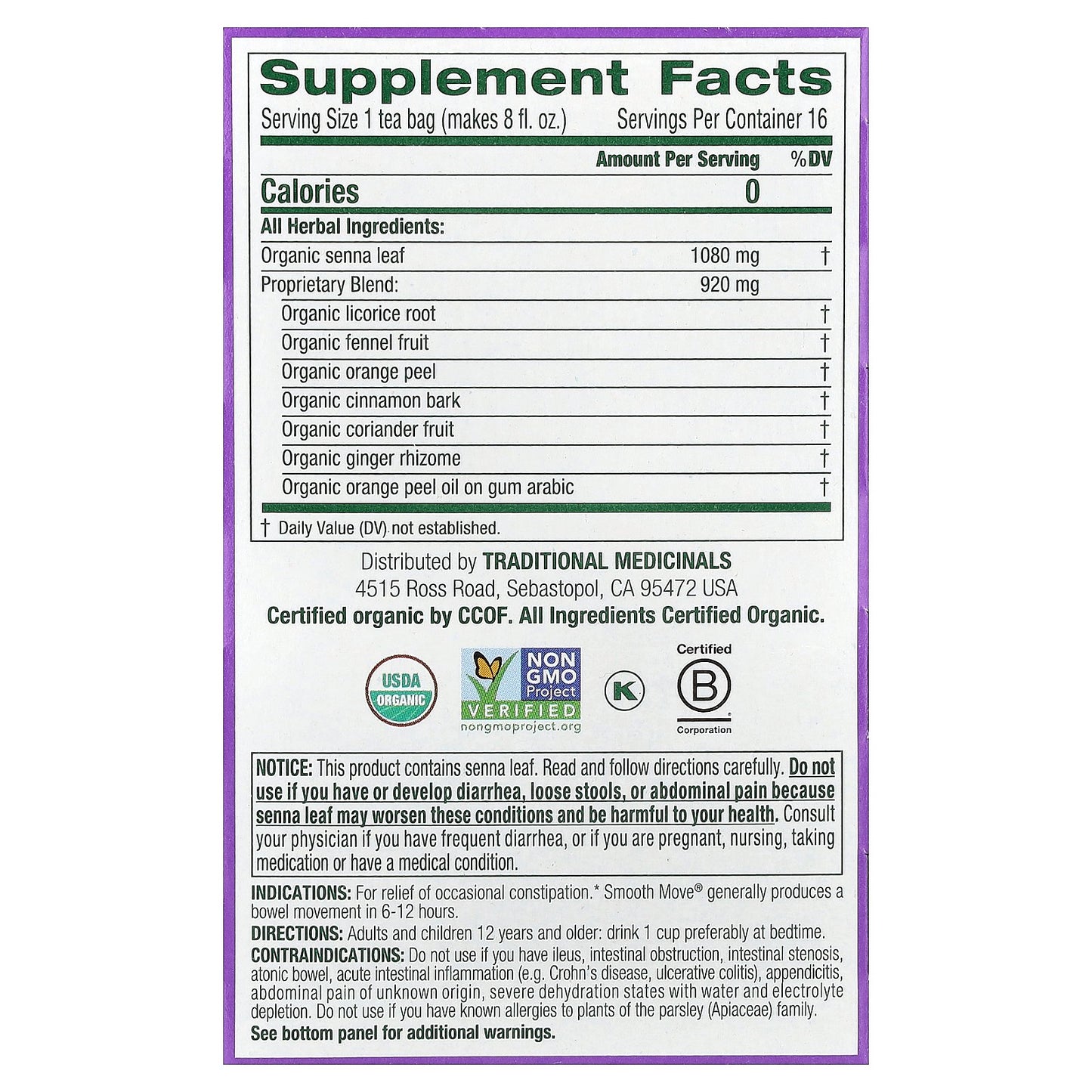 Traditional Medicinals, Organic Smooth Move®, Original with Senna, Caffeine Free, 16 Wrapped Tea Bags, 1.13 oz (32 g)