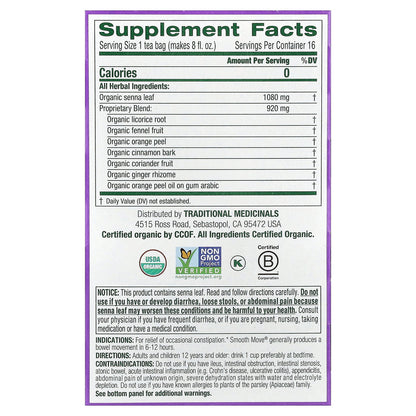Traditional Medicinals, Organic Smooth Move®, Original with Senna, Caffeine Free, 16 Wrapped Tea Bags, 1.13 oz (32 g)