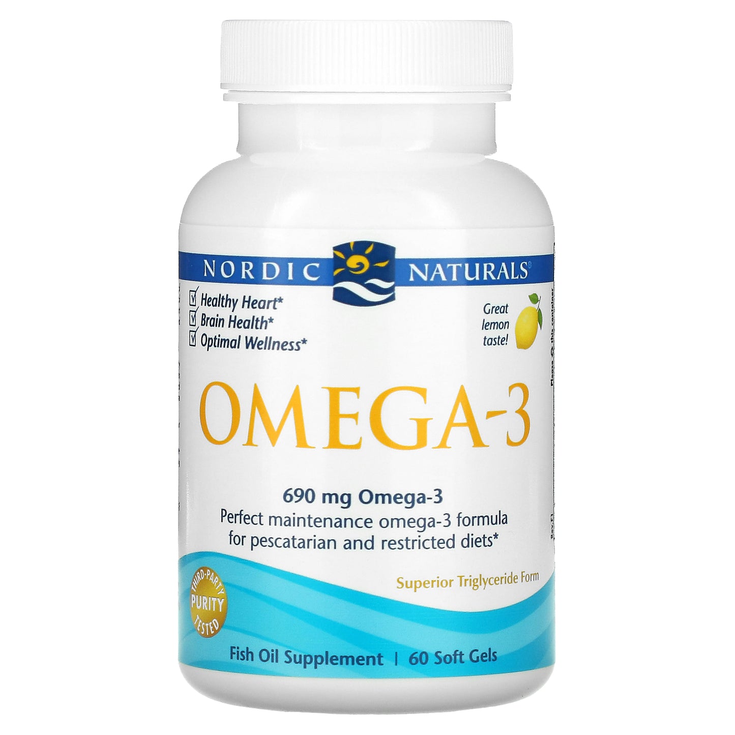 Nordic Naturals, Omega-3, Lemon, 690 mg, 60 Fish Gelatin Soft Gels (345 mg per Gel)