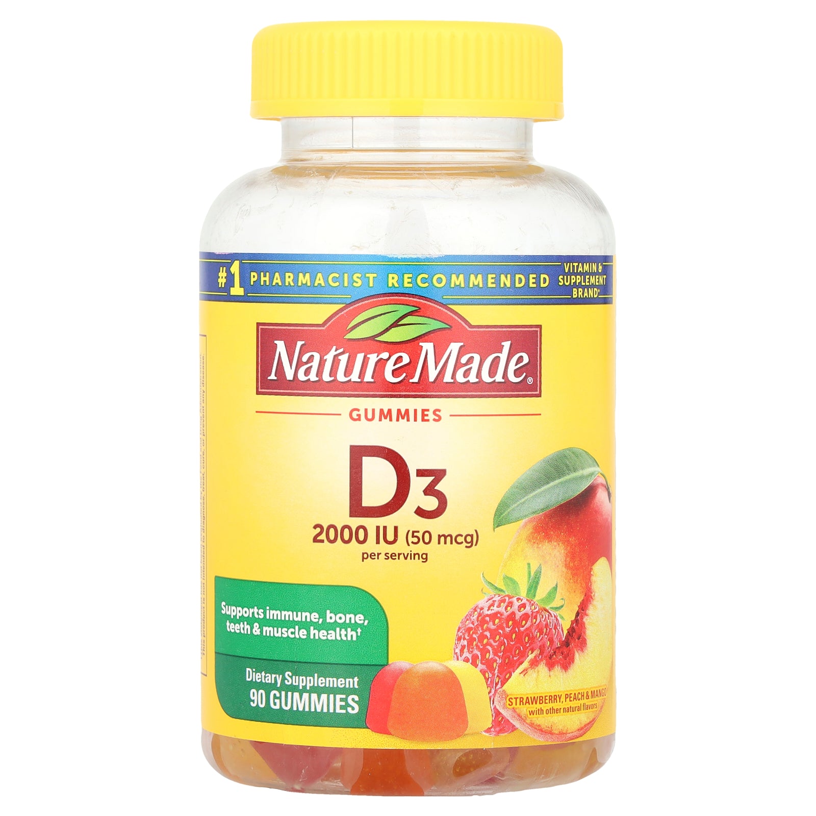 Nature Made, Vitamin D3 Gummies, Strawberry, Peach & Mango, 90 Gummies, (25 mcg (1,000 IU) per Gummy)
