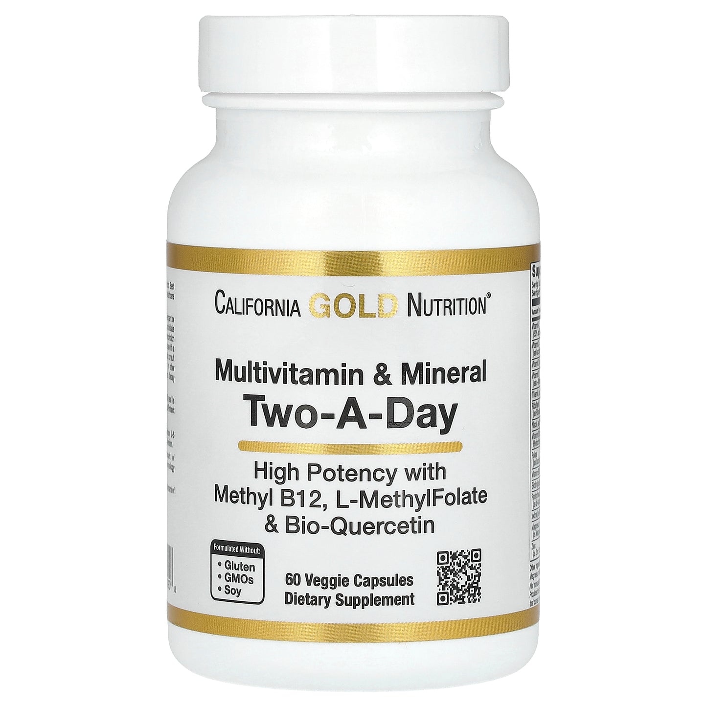 California Gold Nutrition, Multivitamin and Mineral with Methyl B12, Vitamin C, L-MethylFolate and Bio-Quercetin, Two-A-Day, 60 Veggie Capsules