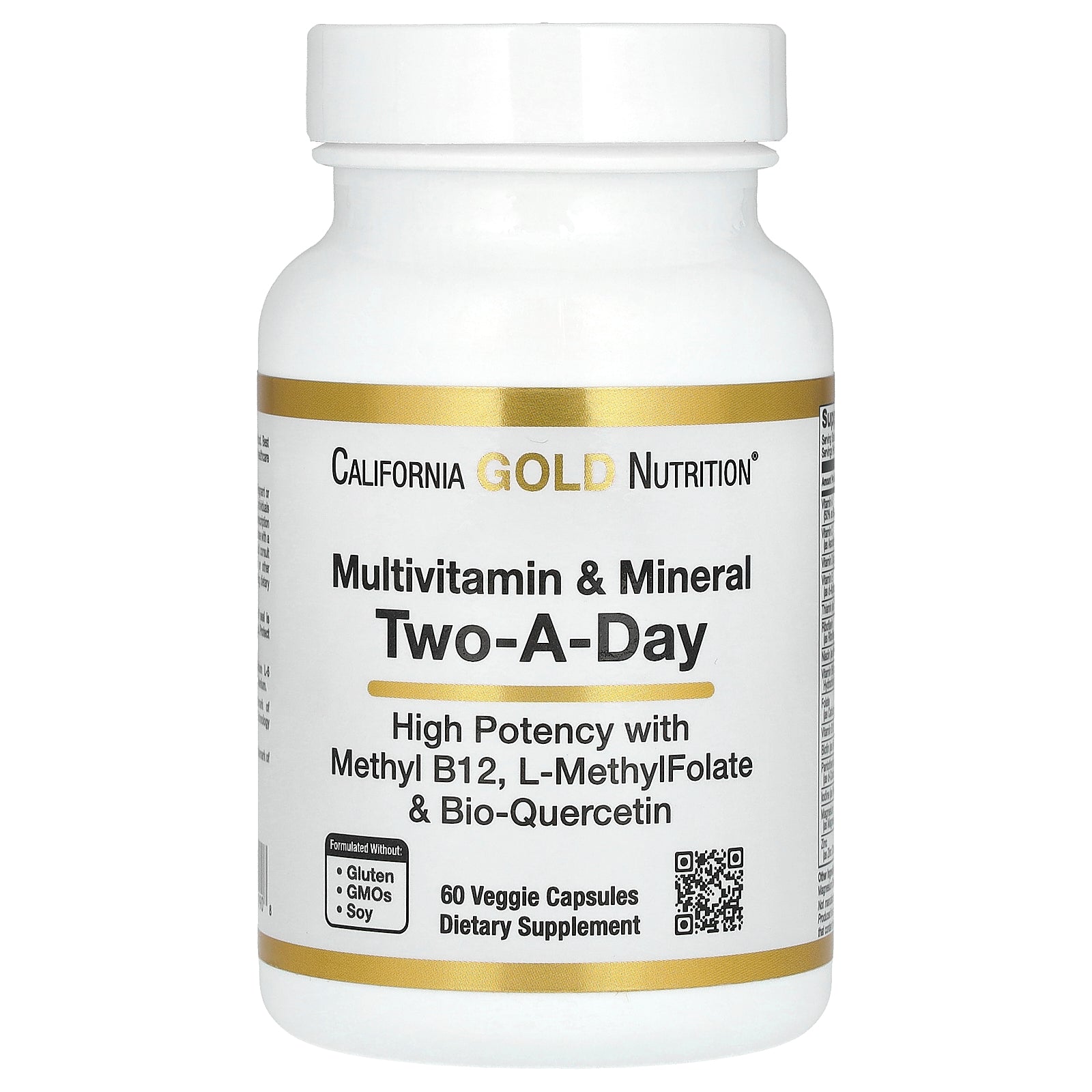 California Gold Nutrition, Multivitamin and Mineral with Methyl B12, Vitamin C, L-MethylFolate and Bio-Quercetin, Two-A-Day, 60 Veggie Capsules