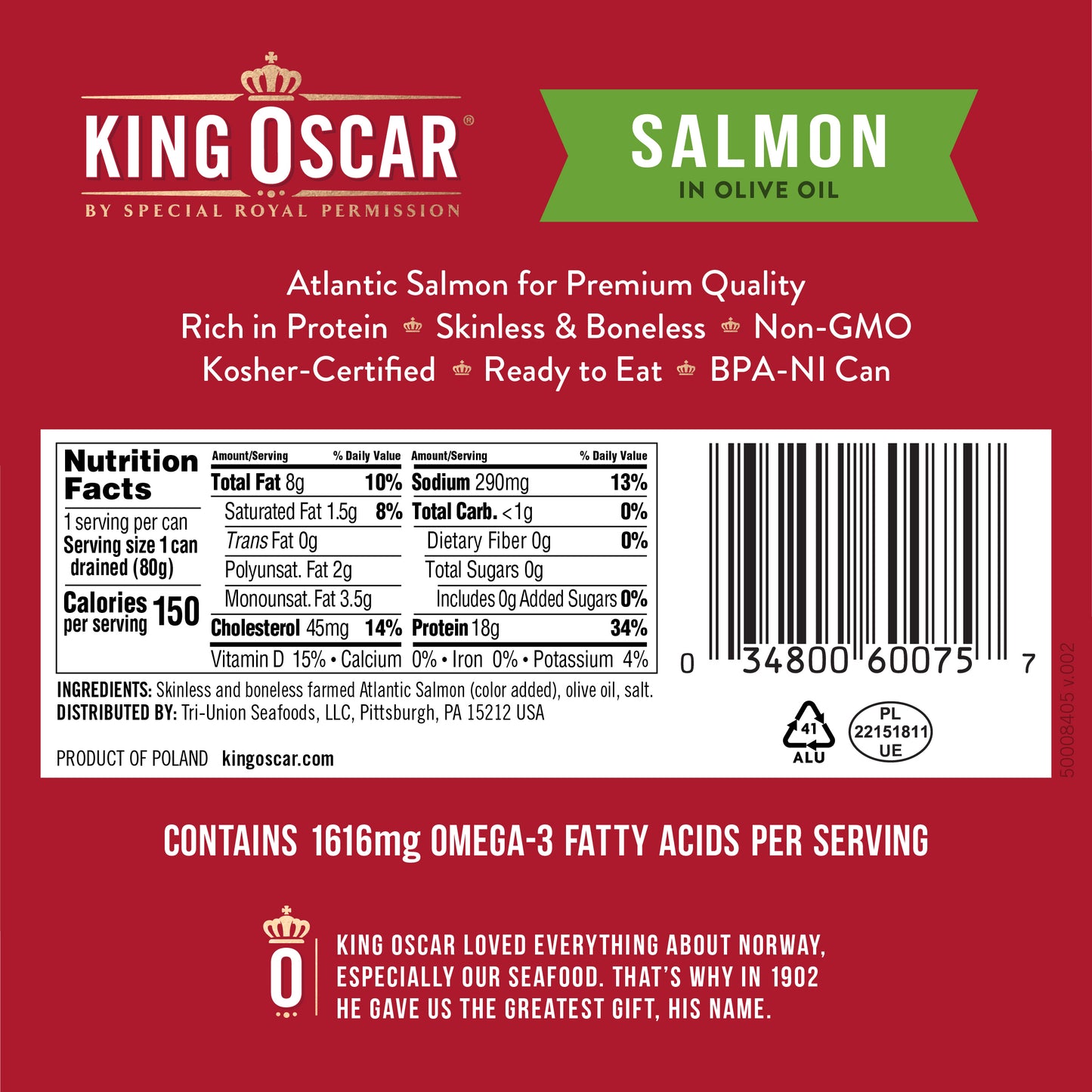King Oscar, Skinless & Boneless Salmon in Olive Oil, 4.05 oz (115 g)