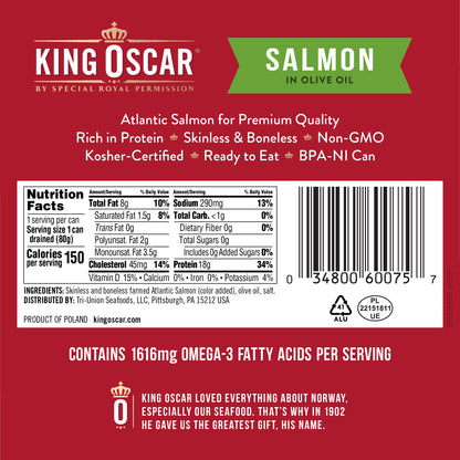 King Oscar, Skinless & Boneless Salmon in Olive Oil, 4.05 oz (115 g)