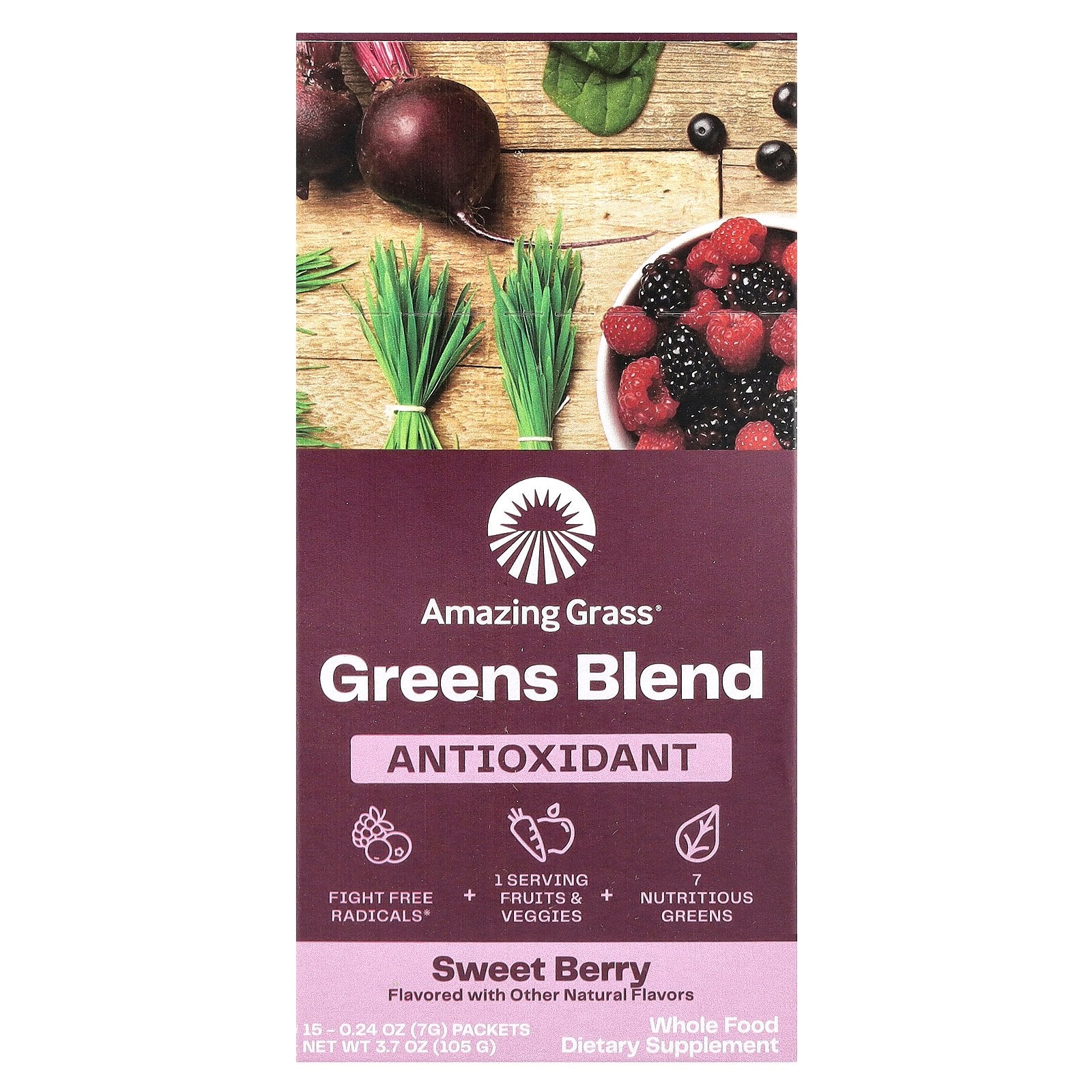 Amazing Grass, Greens Blend, Antioxidant, Sweet Berry, 15 Packets, 0.24 oz (7 g) Each