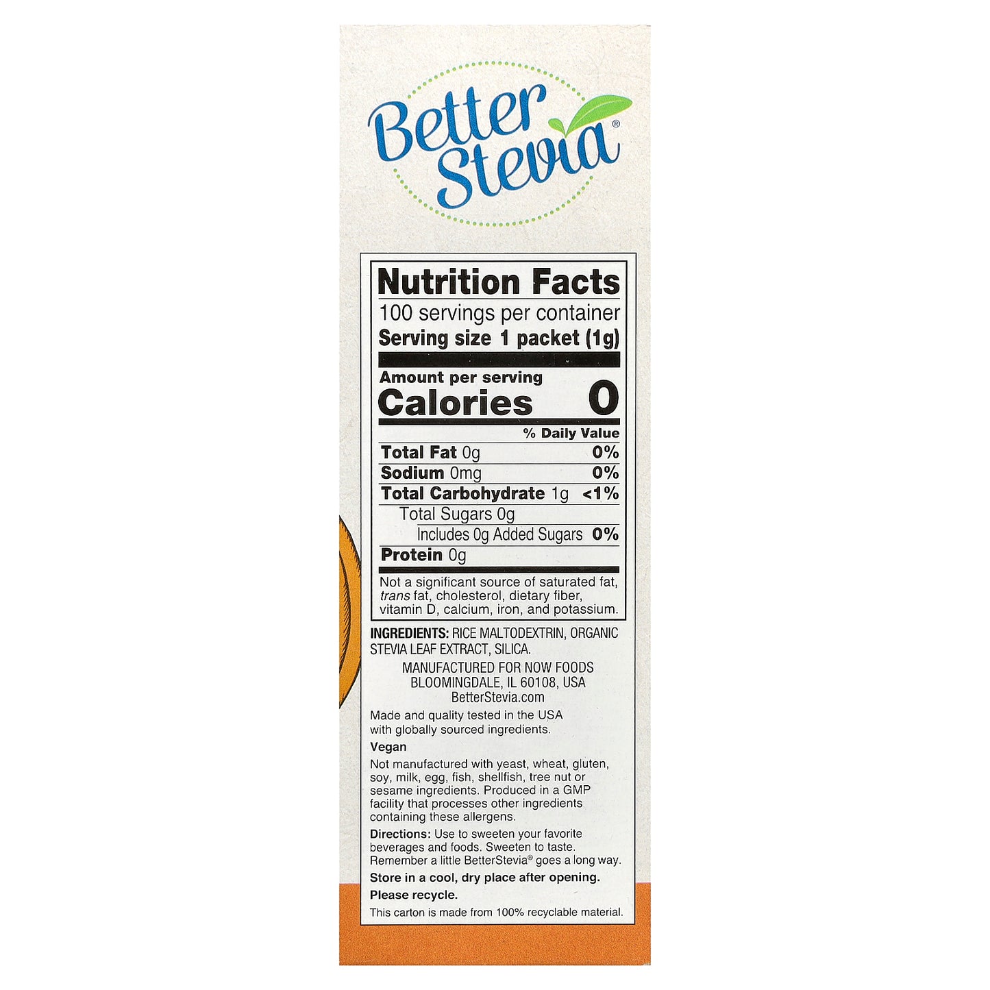 NOW Foods, Better Stevia®, Zero-Calorie Sweetener, Original, 100 Packets, 3.5 oz (100 g)
