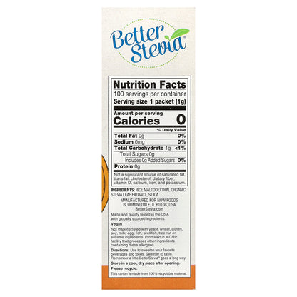 NOW Foods, Better Stevia®, Zero-Calorie Sweetener, Original, 100 Packets, 3.5 oz (100 g)