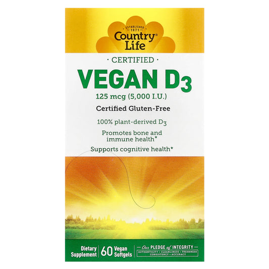 Country Life, Certified Vegan D3, 125 mcg (5,000 IU), 60 Vegan Softgels