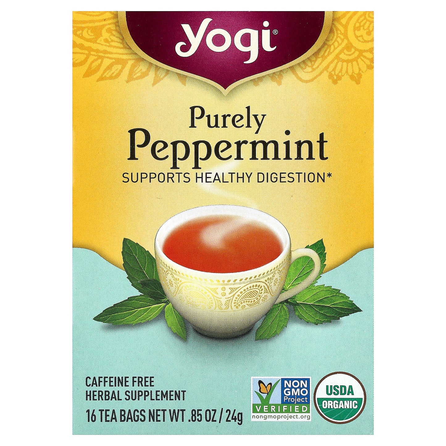 Yogi Tea, Purely Peppermint, Caffeine Free, 16 Tea Bags, 0.85 oz (24 g)