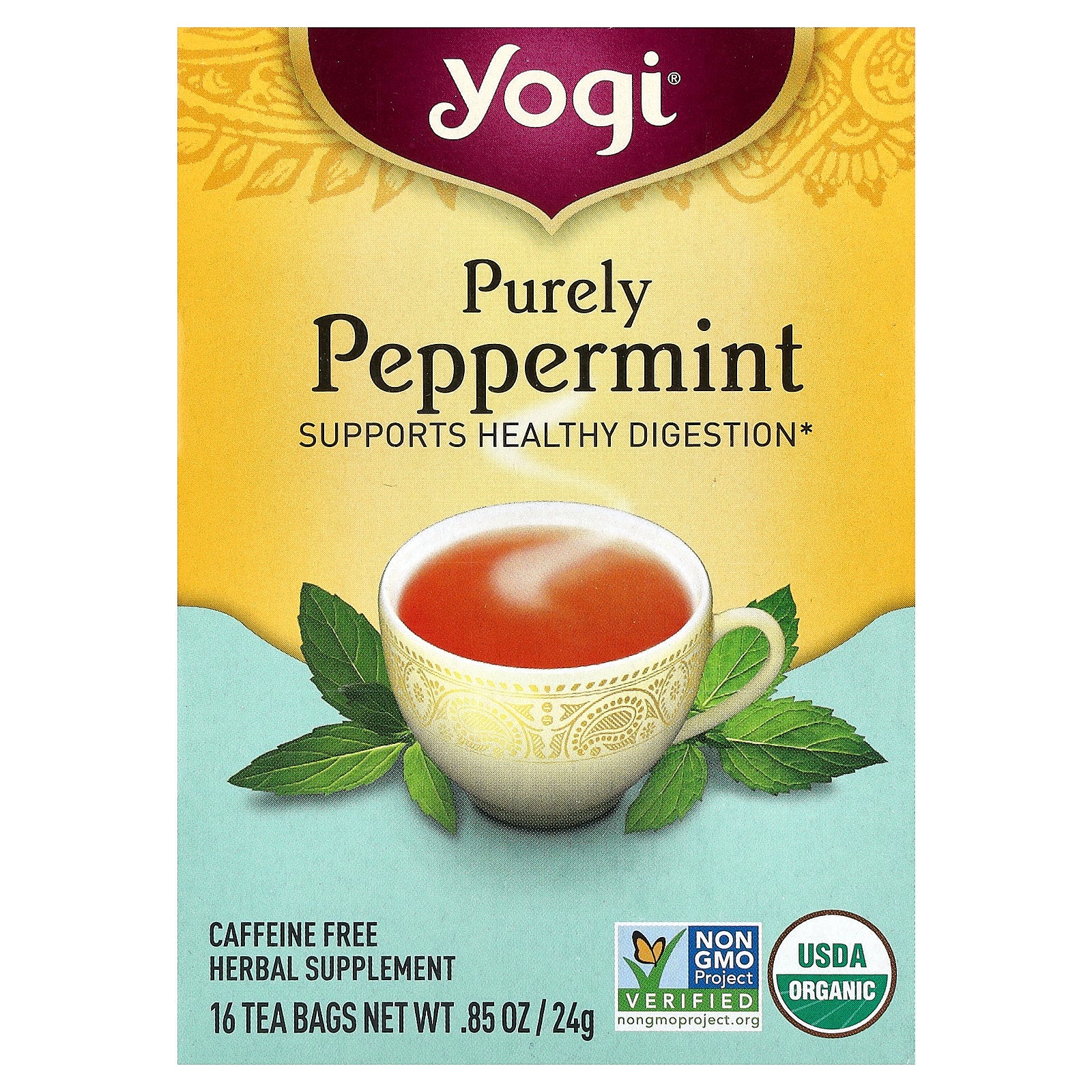 Yogi Tea, Purely Peppermint, Caffeine Free, 16 Tea Bags, 0.85 oz (24 g)