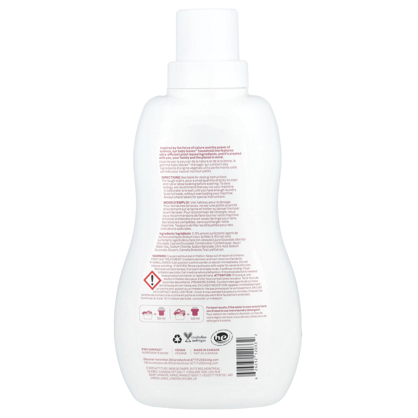 ATTITUDE, Baby Leaves™, Laundry Detergent, Extra Gentle, Unscented, 35.2 fl oz (1.04 L)