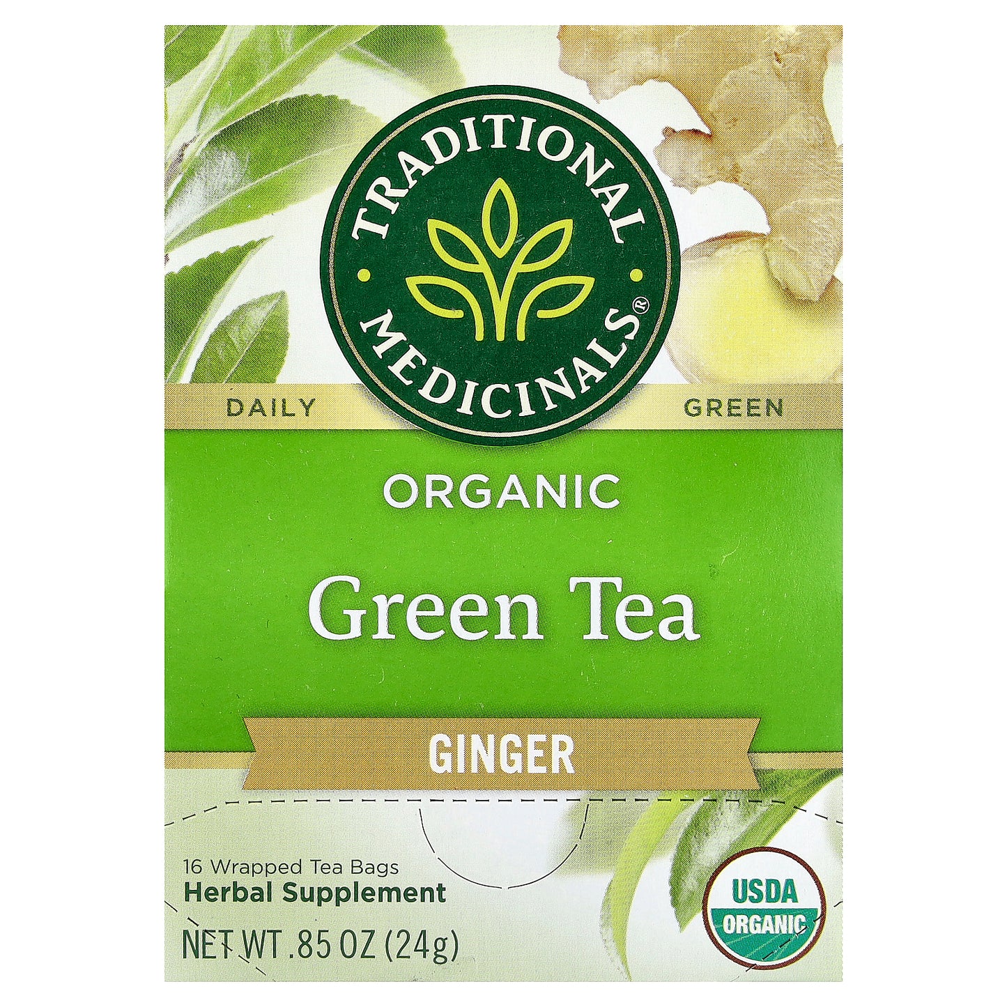 Traditional Medicinals, Organic Green Tea, Ginger, 16 Wrapped Tea Bags, 0.85 oz (24 g)