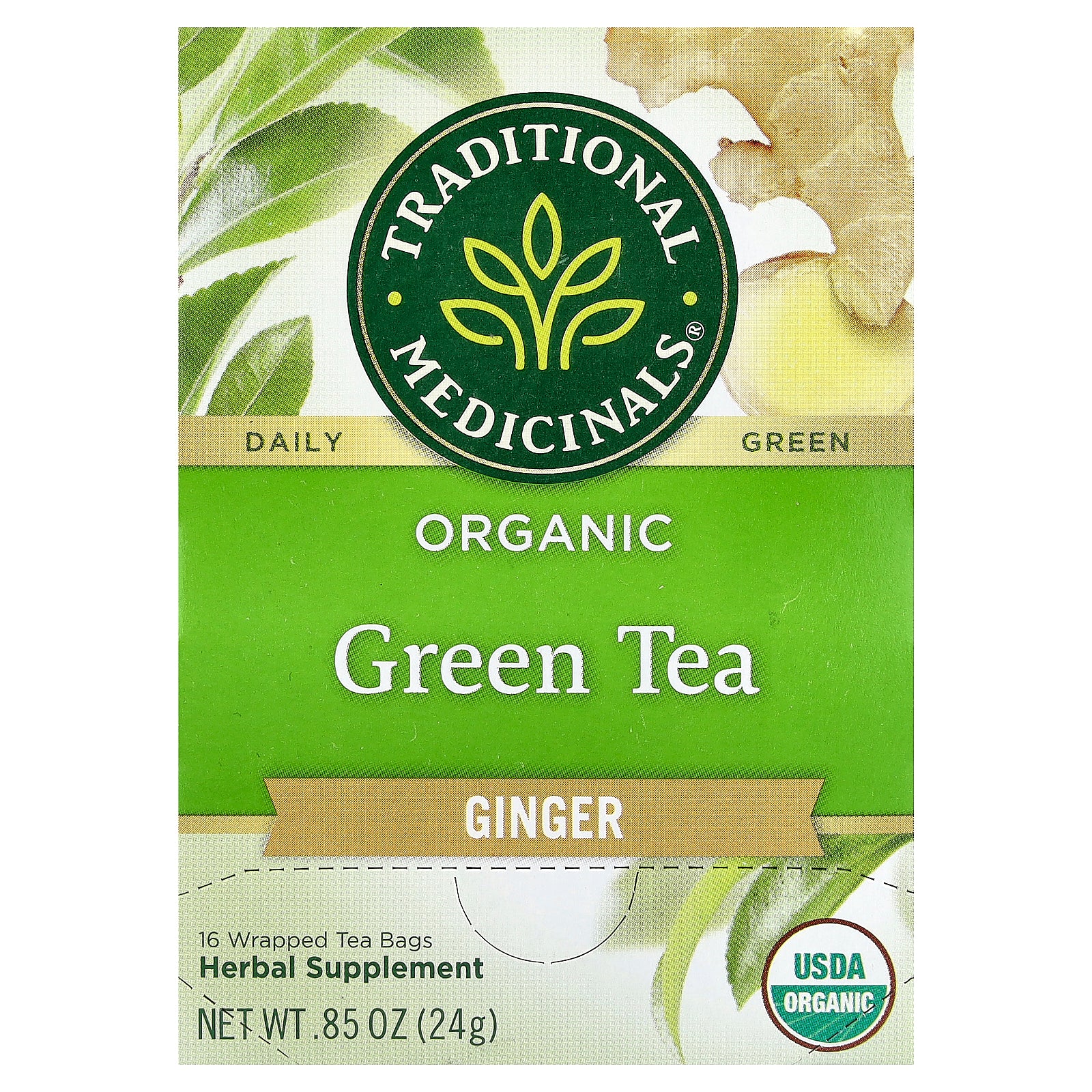 Traditional Medicinals, Organic Green Tea, Ginger, 16 Wrapped Tea Bags, 0.85 oz (24 g)