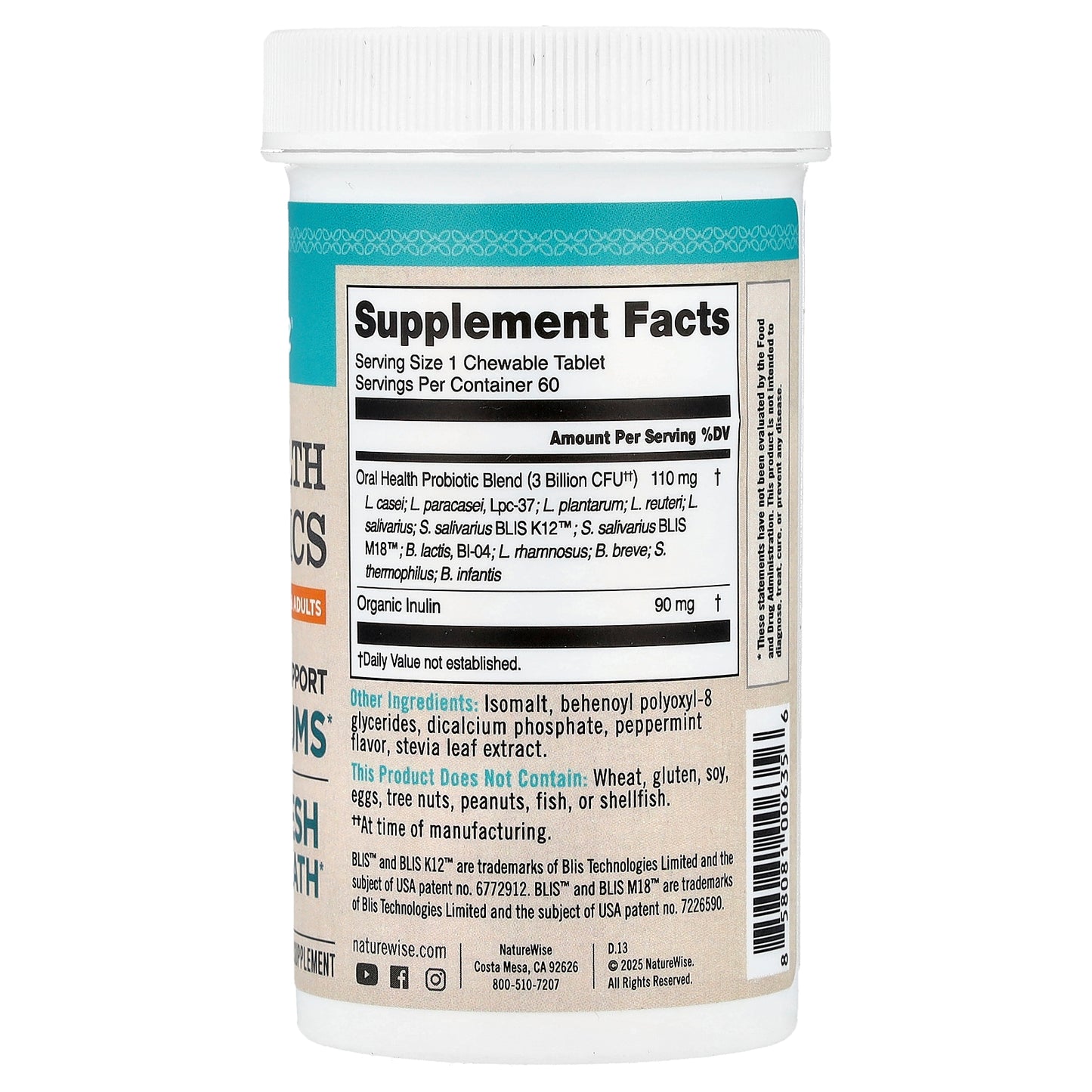 NatureWise, Oral Health Probiotics, For Children & Adults, Mint, 60 Chewable Tablets