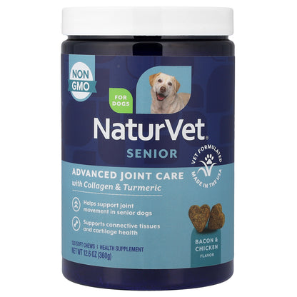 NaturVet, Senior Advanced Joint Care With Collagen & Turmeric, For Dogs, Bacon & Chicken, 120 Soft Chews, 12.6 oz (360 g)