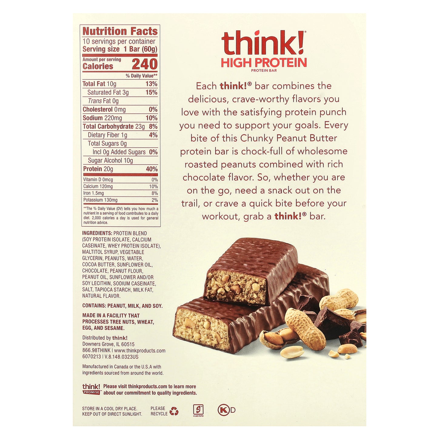 Think !, High Protein Bars, Chunky Peanut Butter, 10 Bars, 2.1 oz (60 g) Each
