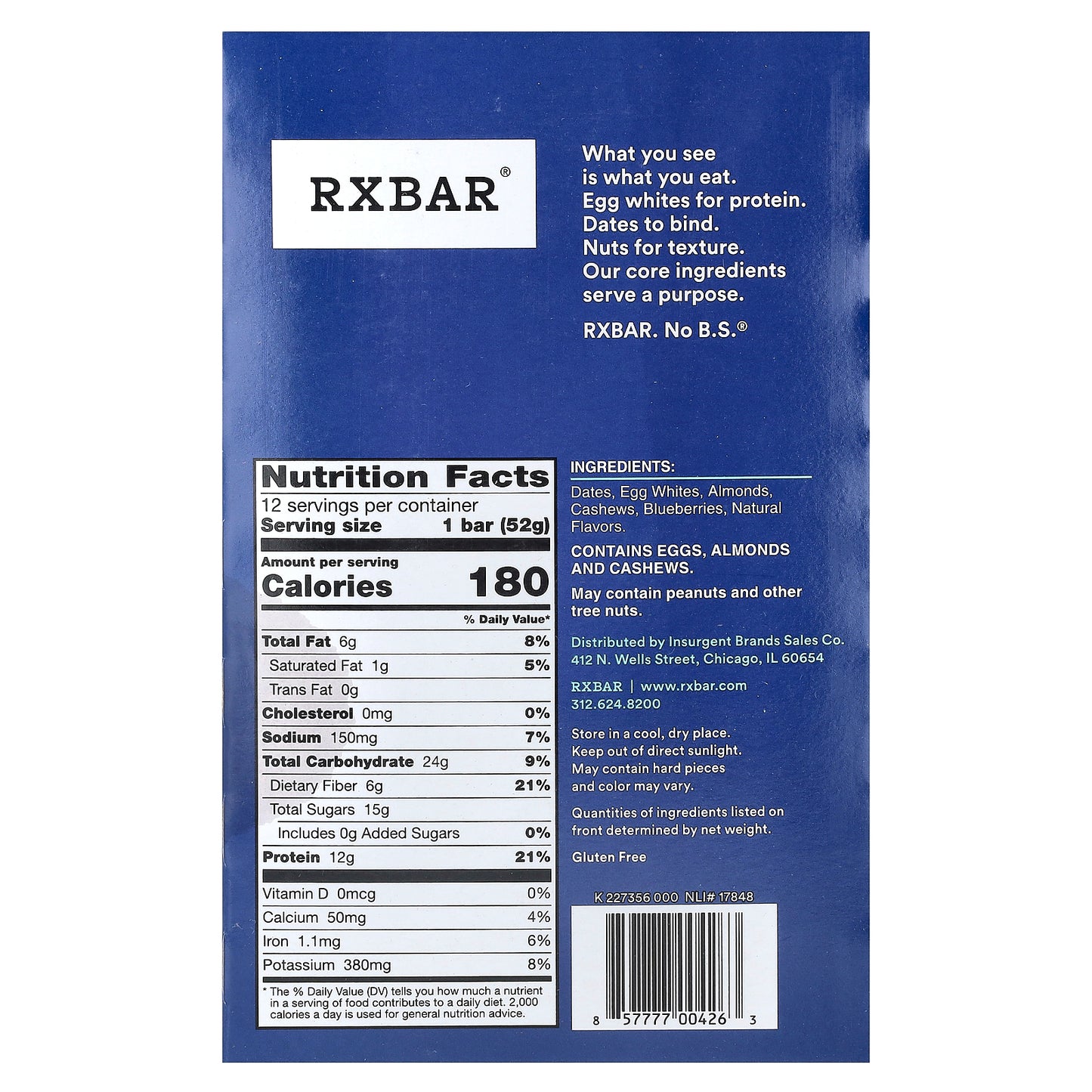 RXBAR, Protein Bar, Blueberry, 12 Bars, 1.8 oz (52 g) Each