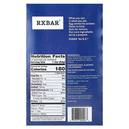 RXBAR, Protein Bar, Blueberry, 12 Bars, 1.8 oz (52 g) Each