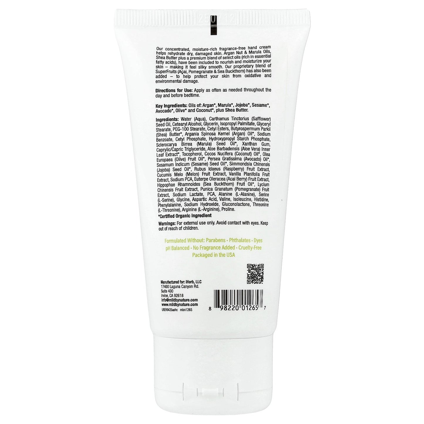Mild By Nature, Argan Oil Hand Cream with Marula Oil & Coconut Oil plus Shea Butter, Soothing and Unscented, 2.5 oz (71 g)