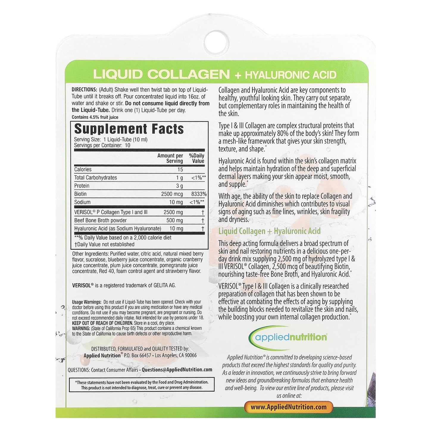 Applied Nutrition, Liquid Collagen +  Hyaluronic Acid, 10 Liquid-Tubes, 3.35 fl oz (100 ml)