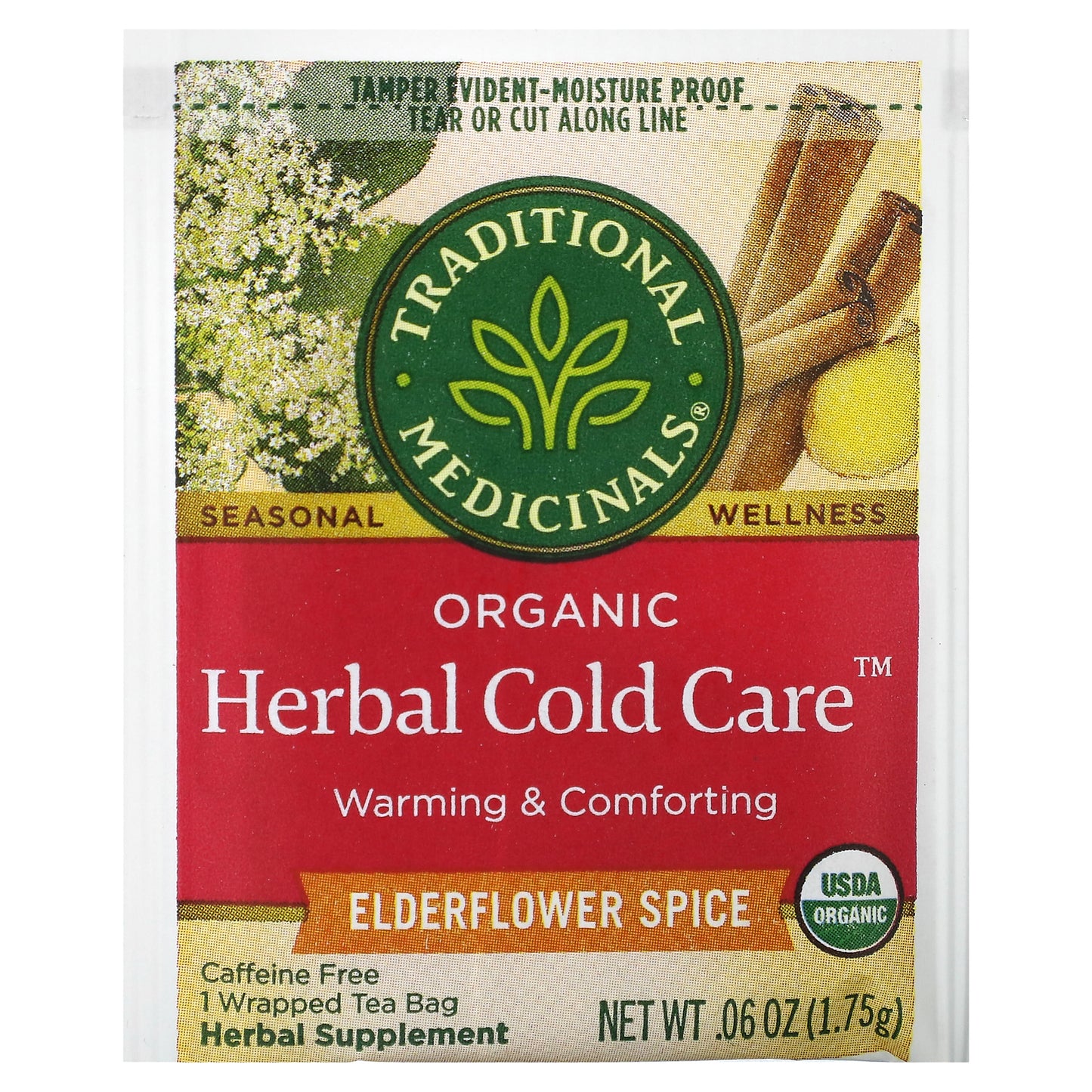Traditional Medicinals, Organic Herbal Cold Care™, Elderflower Spice, Caffeine Free, 16 Wrapped Tea Bags, 0.99 oz (28 g)