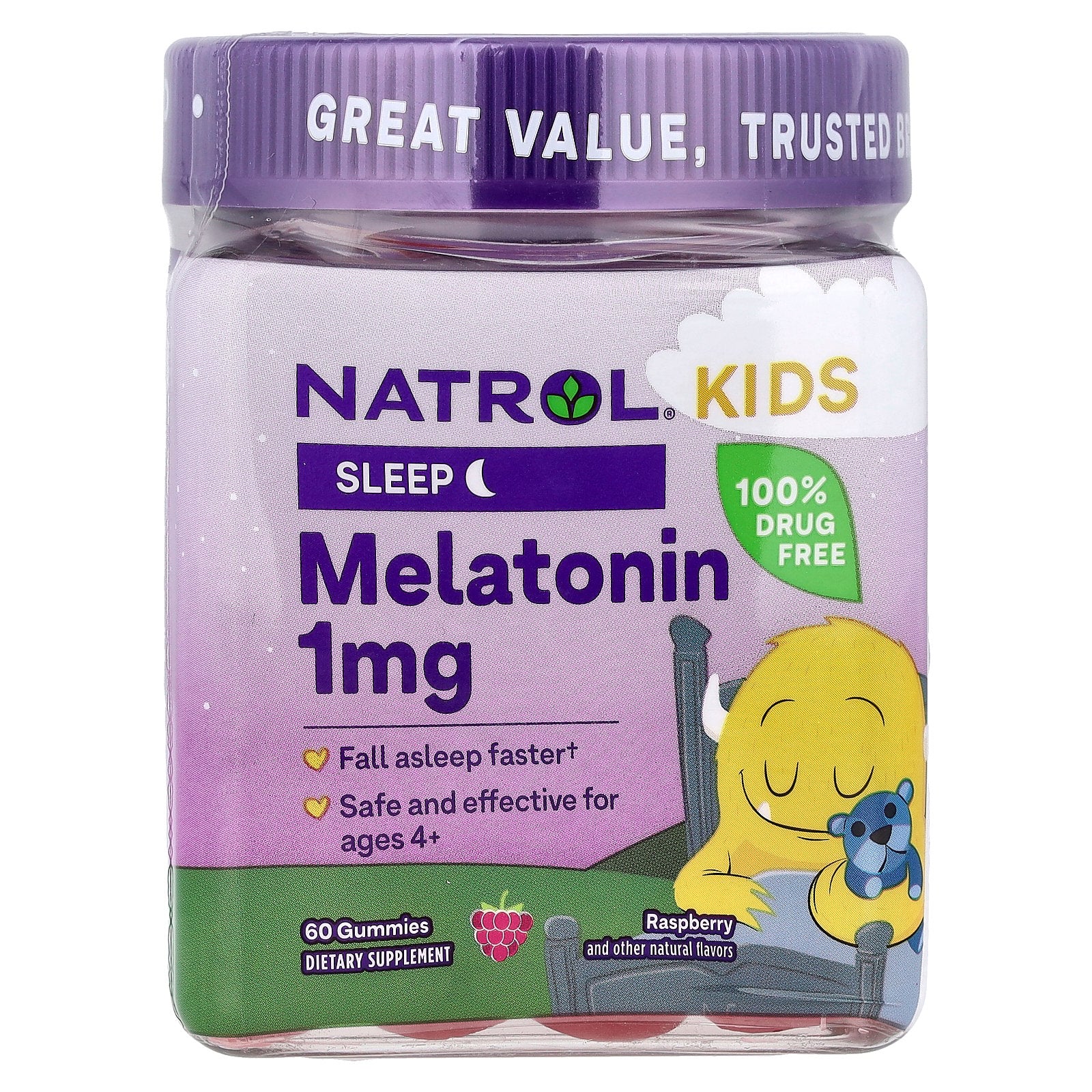 Natrol, Kids, Melatonin Gummies, Ages 4+, Raspberry, 1 mg, 60 Gummies