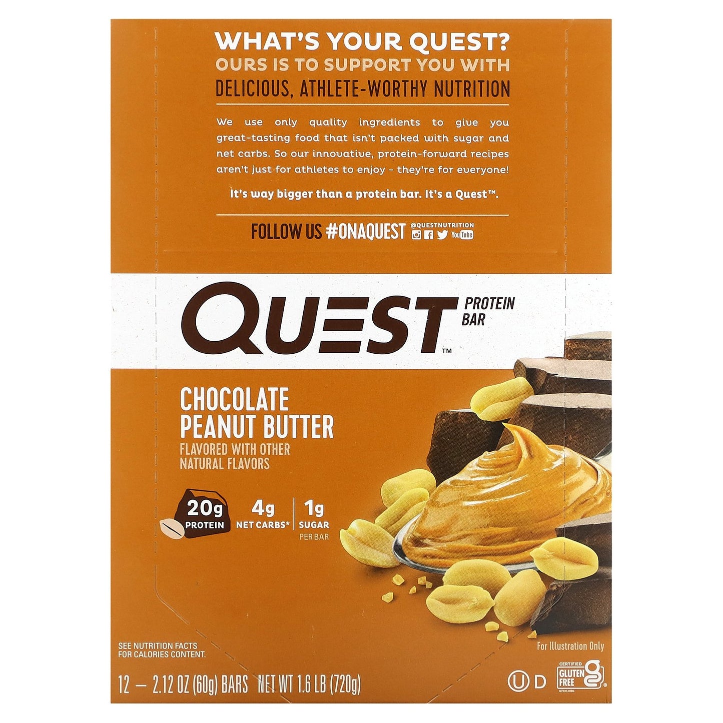 Quest Nutrition, Protein Bar, Chocolate Peanut Butter, 12 Bars, 2.12 oz (60 g) Each