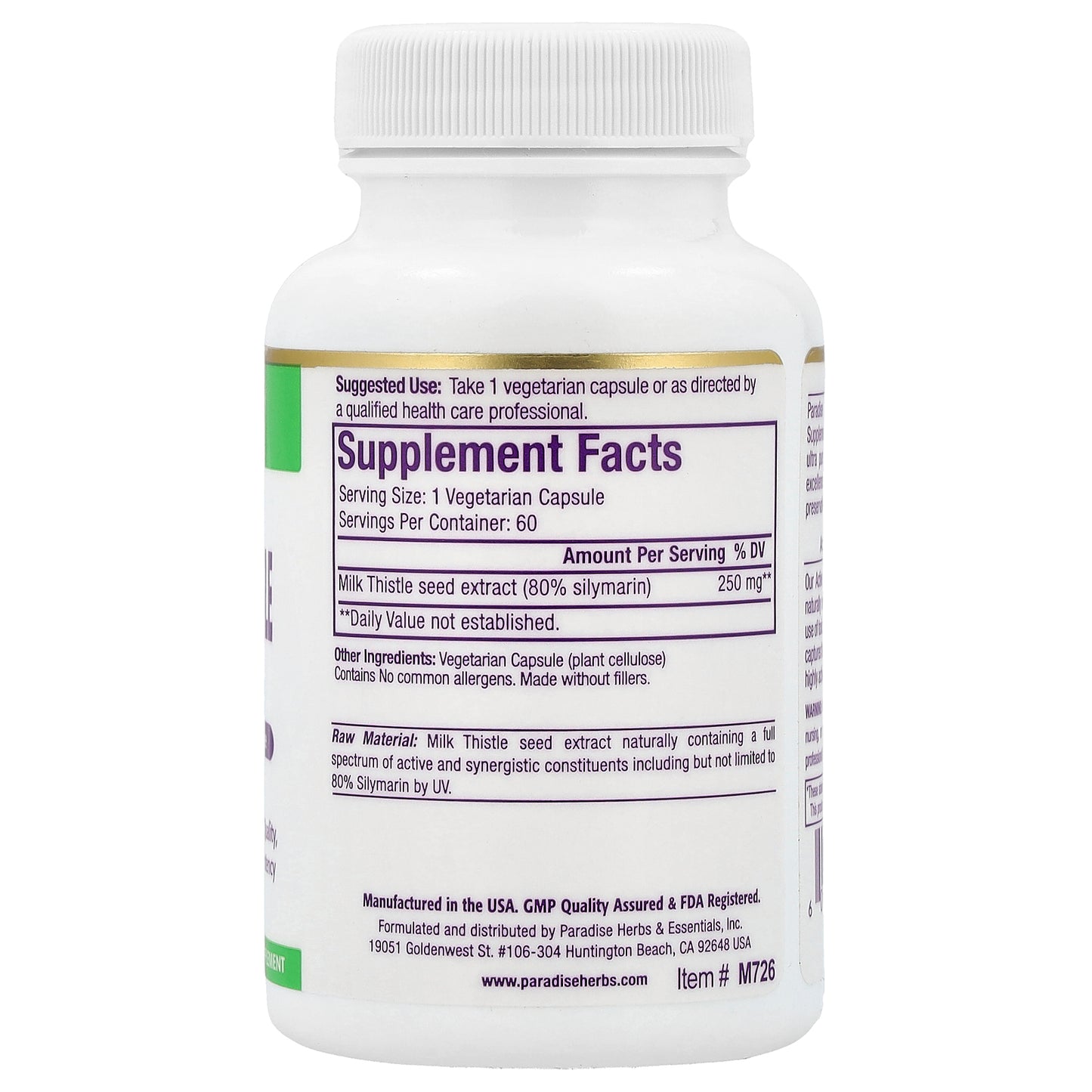 Paradise Herbs, Milk Thistle Extract, 60 Vegetarian Capsules (250 mg per Capsule)