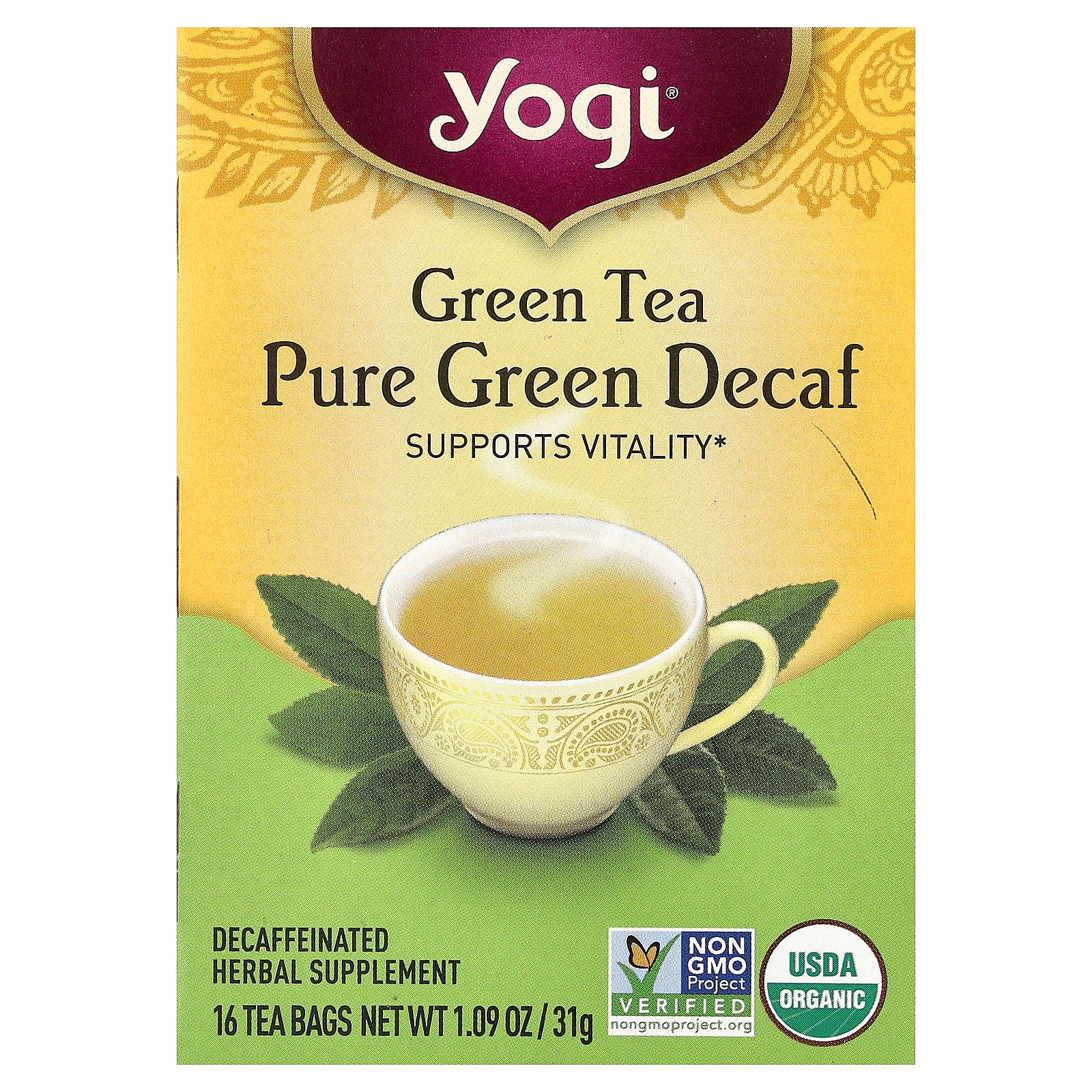 Yogi Tea, Green Tea Pure Green, Decaf, 16 Tea Bags, 1.09 oz (31 g)