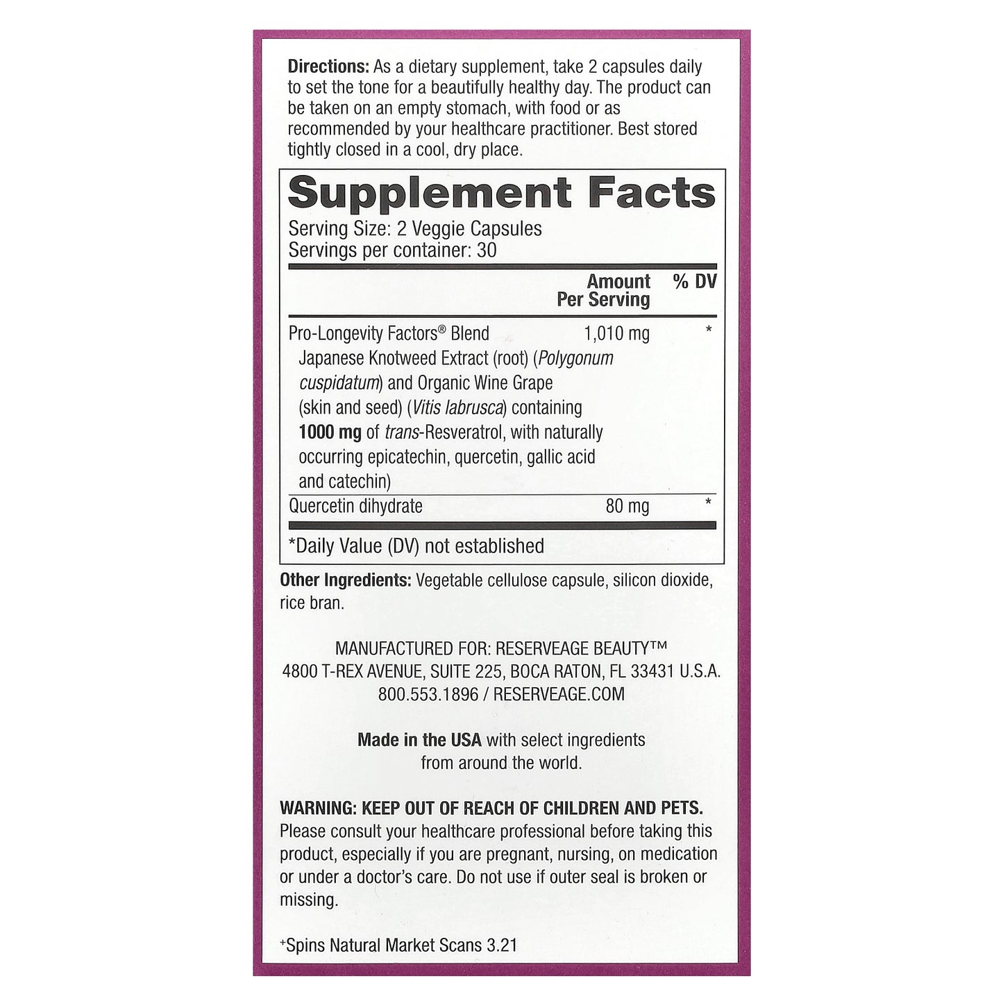 Reserveage Beauty, Resveratrol, 60 Veggie Capsules