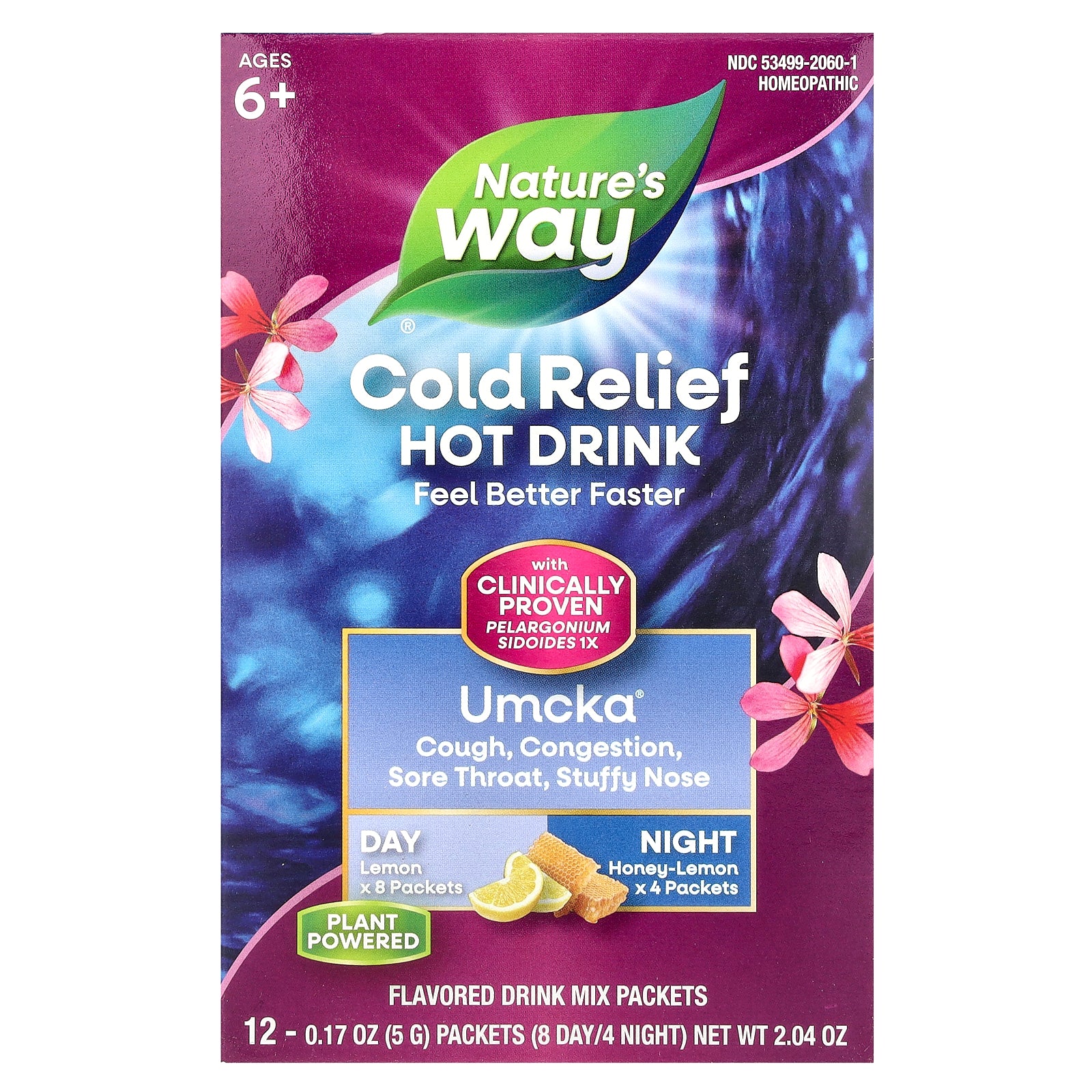 Nature's Way, Umcka®, Cold Relief Hot Drink, Day + Night, Ages 6+, Lemon, Honey-Lemon, 12 Packets, 0.17 oz (5 g) Each