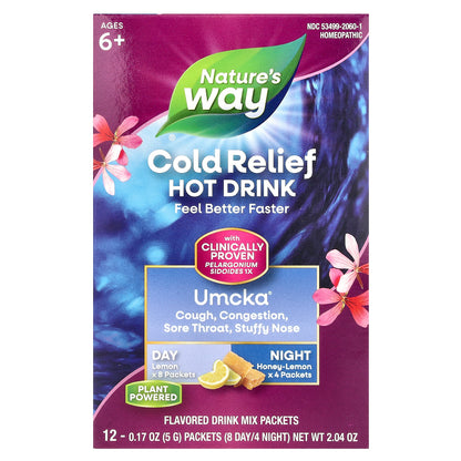 Nature's Way, Umcka®, Cold Relief Hot Drink, Day + Night, Ages 6+, Lemon, Honey-Lemon, 12 Packets, 0.17 oz (5 g) Each