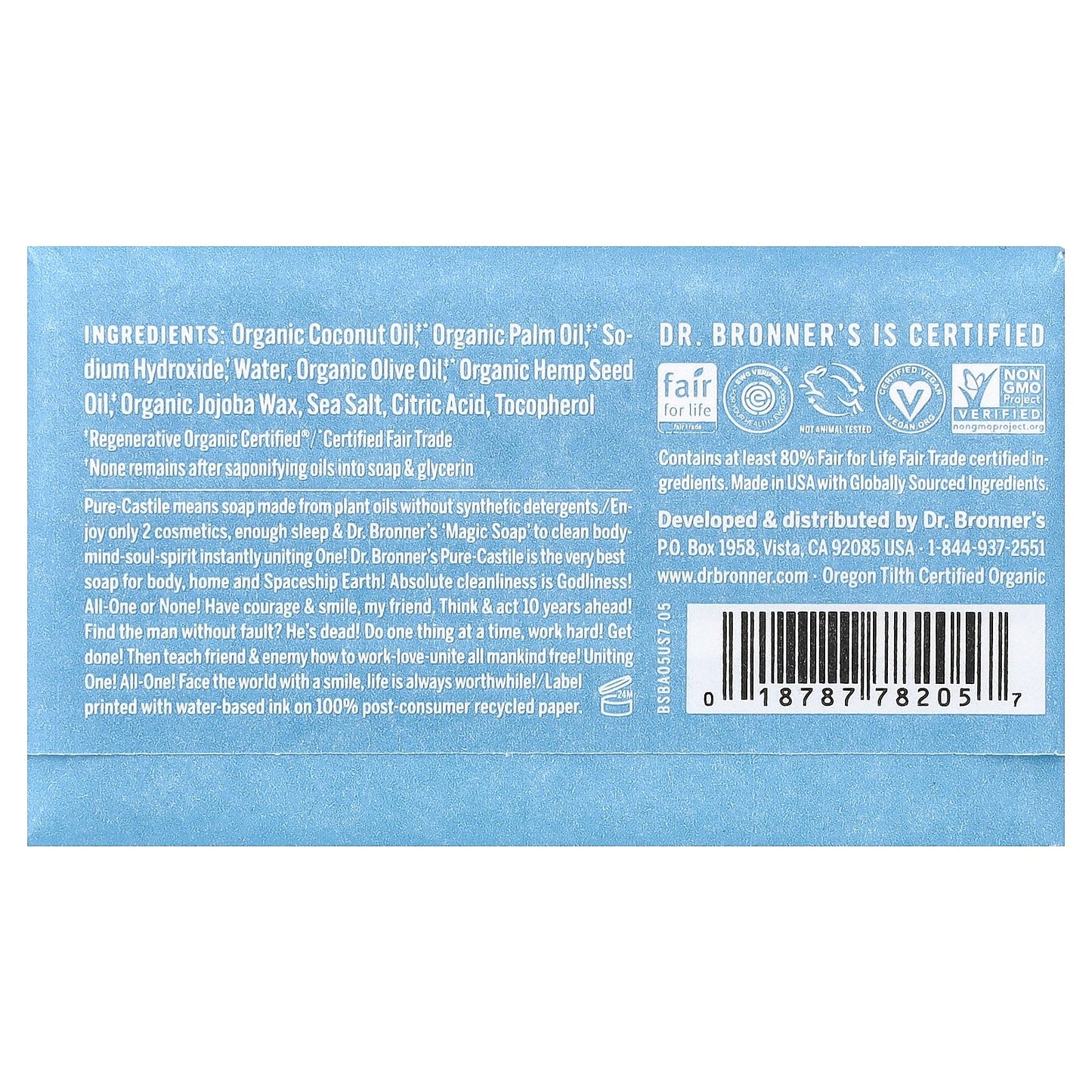 Dr. Bronner's, All-One Pure-Castile Magic Bar Soap, Baby Unscented, 5 oz (140 g)