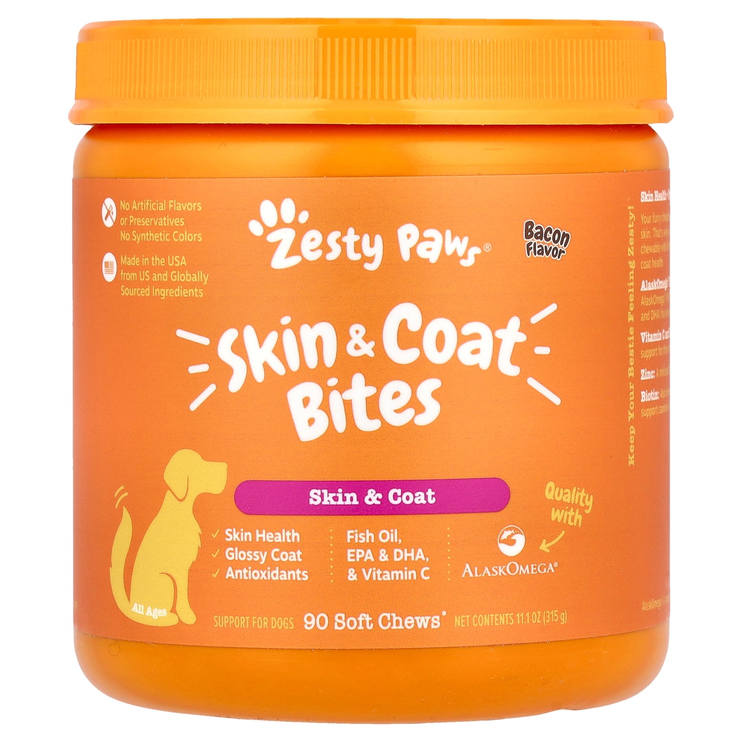 Zesty Paws, Skin & Coat Bites, For Dogs, All Ages, Bacon, 90 Soft Chews, 11.1 oz (315 g)