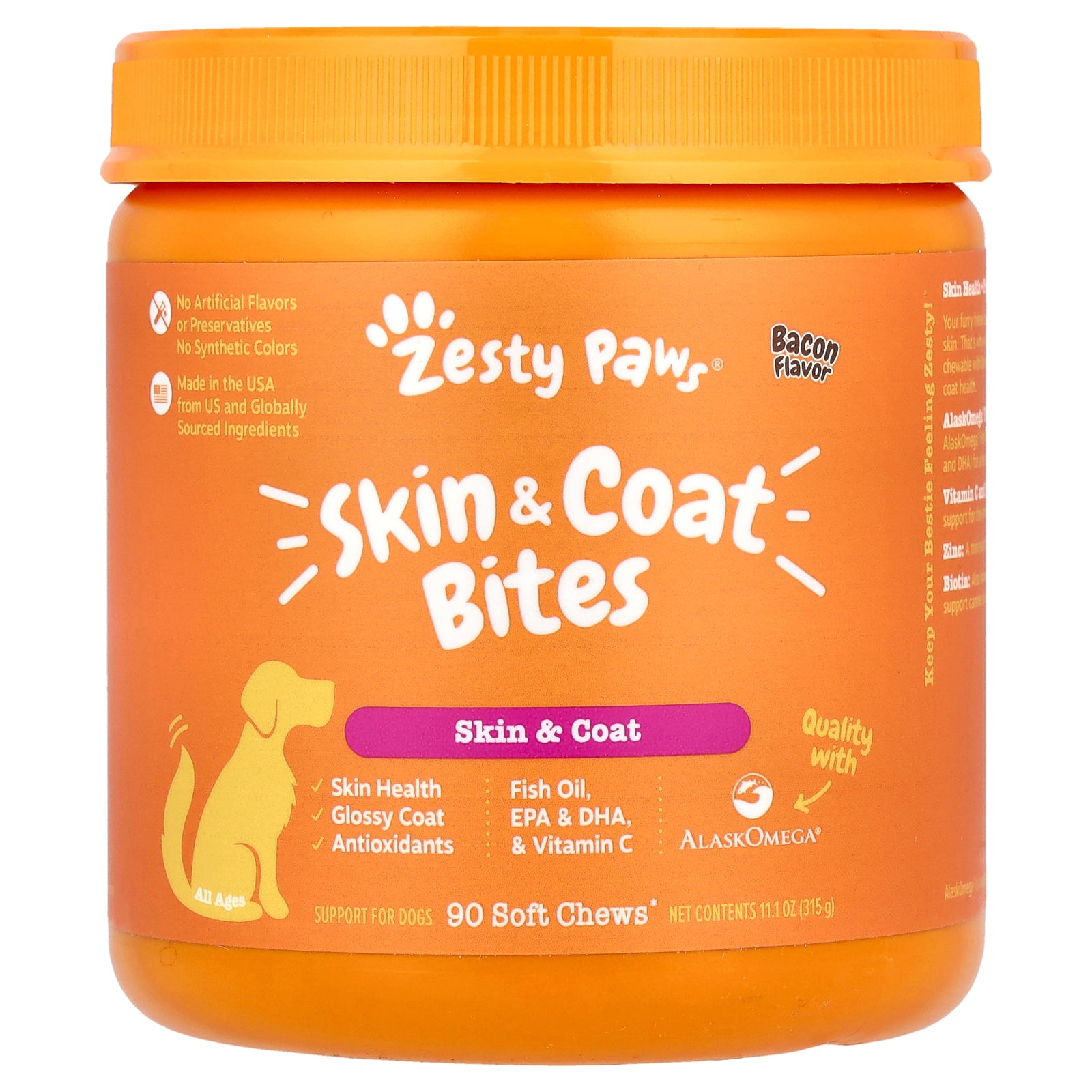 Zesty Paws, Skin & Coat Bites, For Dogs, All Ages, Bacon, 90 Soft Chews, 11.1 oz (315 g)