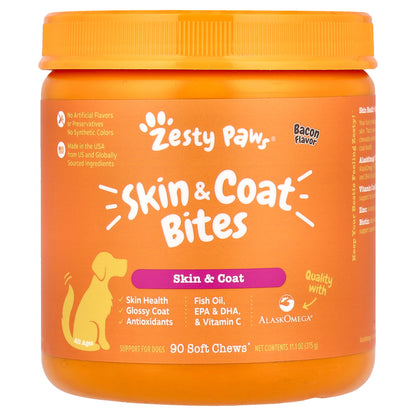 Zesty Paws, Skin & Coat Bites, For Dogs, All Ages, Bacon, 90 Soft Chews, 11.1 oz (315 g)