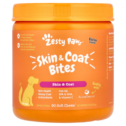 Zesty Paws, Skin & Coat Bites, For Dogs, All Ages, Bacon, 90 Soft Chews, 11.1 oz (315 g)