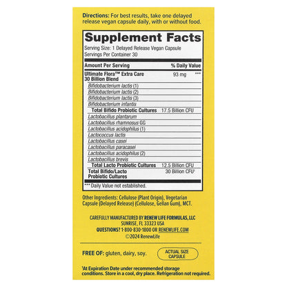 Renew Life, Extra Care Ultimate Flora™ Probiotic , 30 Billion CFU, 30 Delayed Release Vegan Capsules